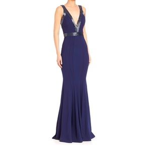 Preowned Jovani Ponte Sequin Trim Gown in Navy. Perfect for the holidays.